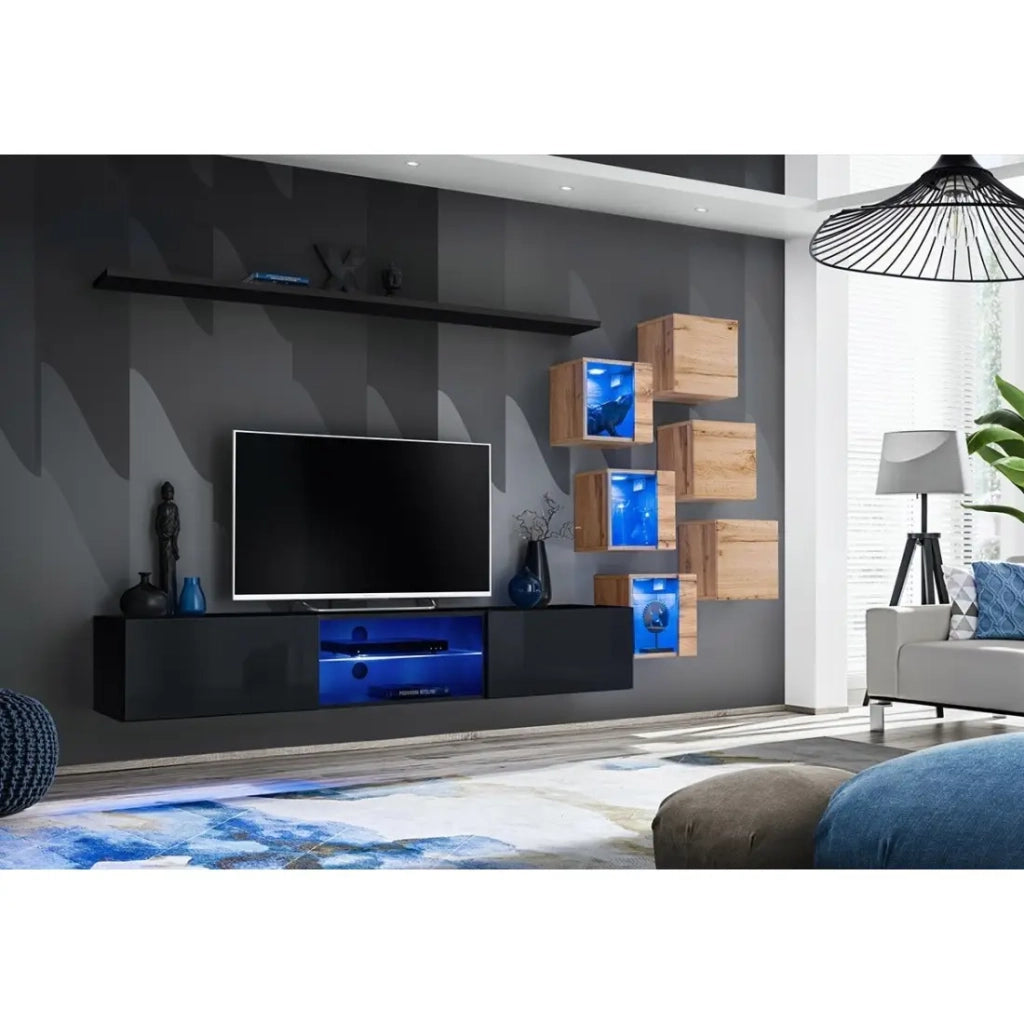Set mobili da soggiorno SWITCH XXI – LED – Nero e quercia – Design sospeso