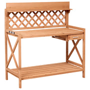Tavolo da giardinaggio in legno di abete marrone chiaro con ganci in acciaio e cassetto, per riporre gli attrezzi da giardino, in stile rustico