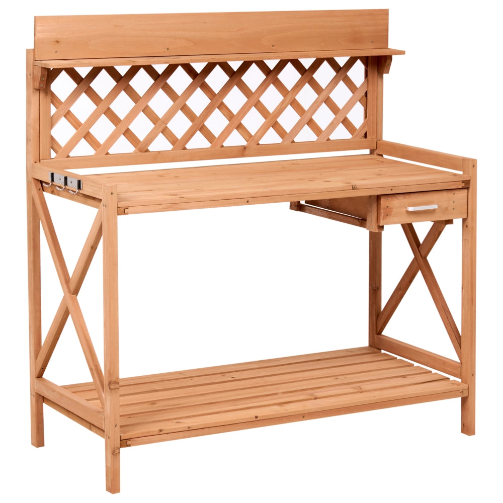 Tavolo da giardinaggio in legno di abete marrone chiaro con ganci in acciaio e cassetto, per riporre gli attrezzi da giardino, in stile rustico