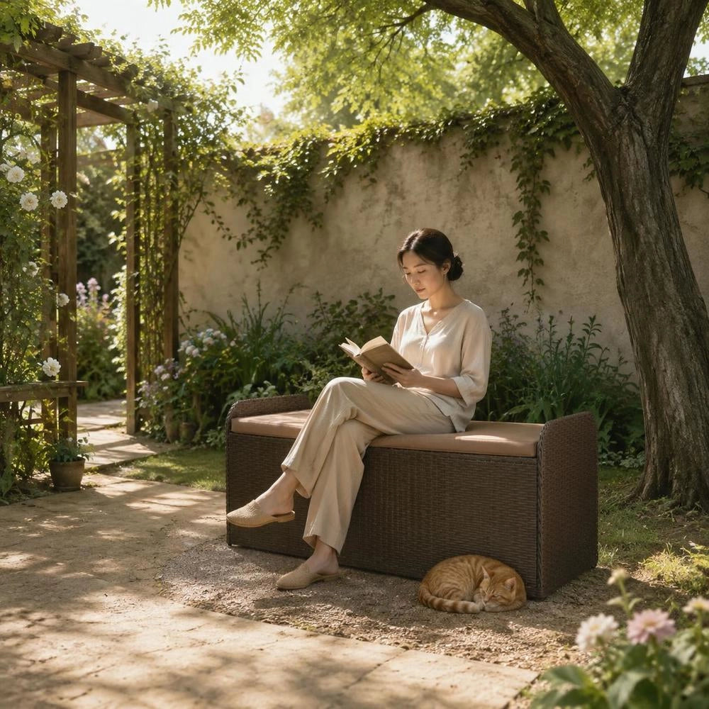 Storage Bench & Cushion, Brown, 115x51x52 Cm, Poly Rattan