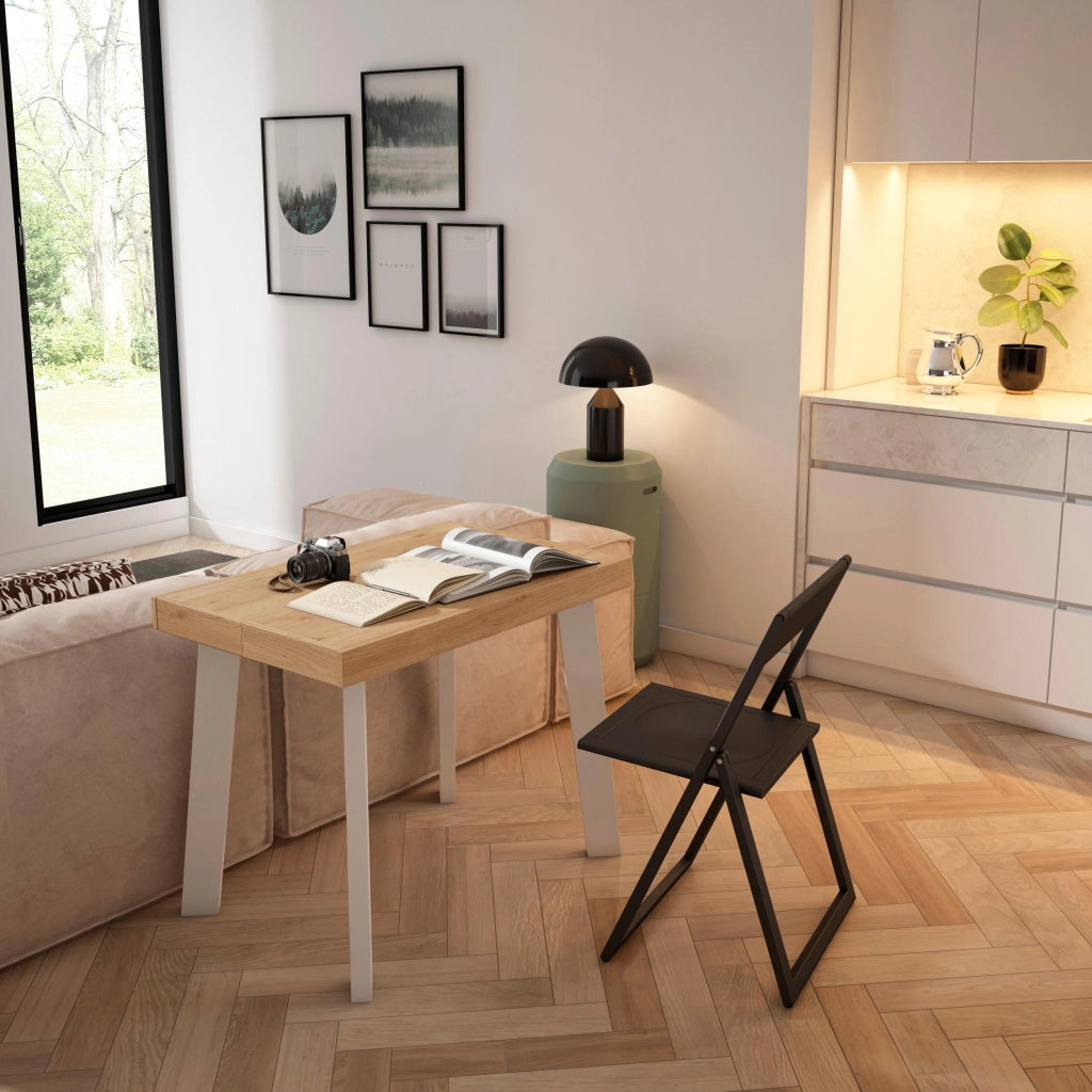 Consolle allungabile, 302x90x73cm, Per 14 persone, Gambe in legno, colore Rovere e bianco RF3107