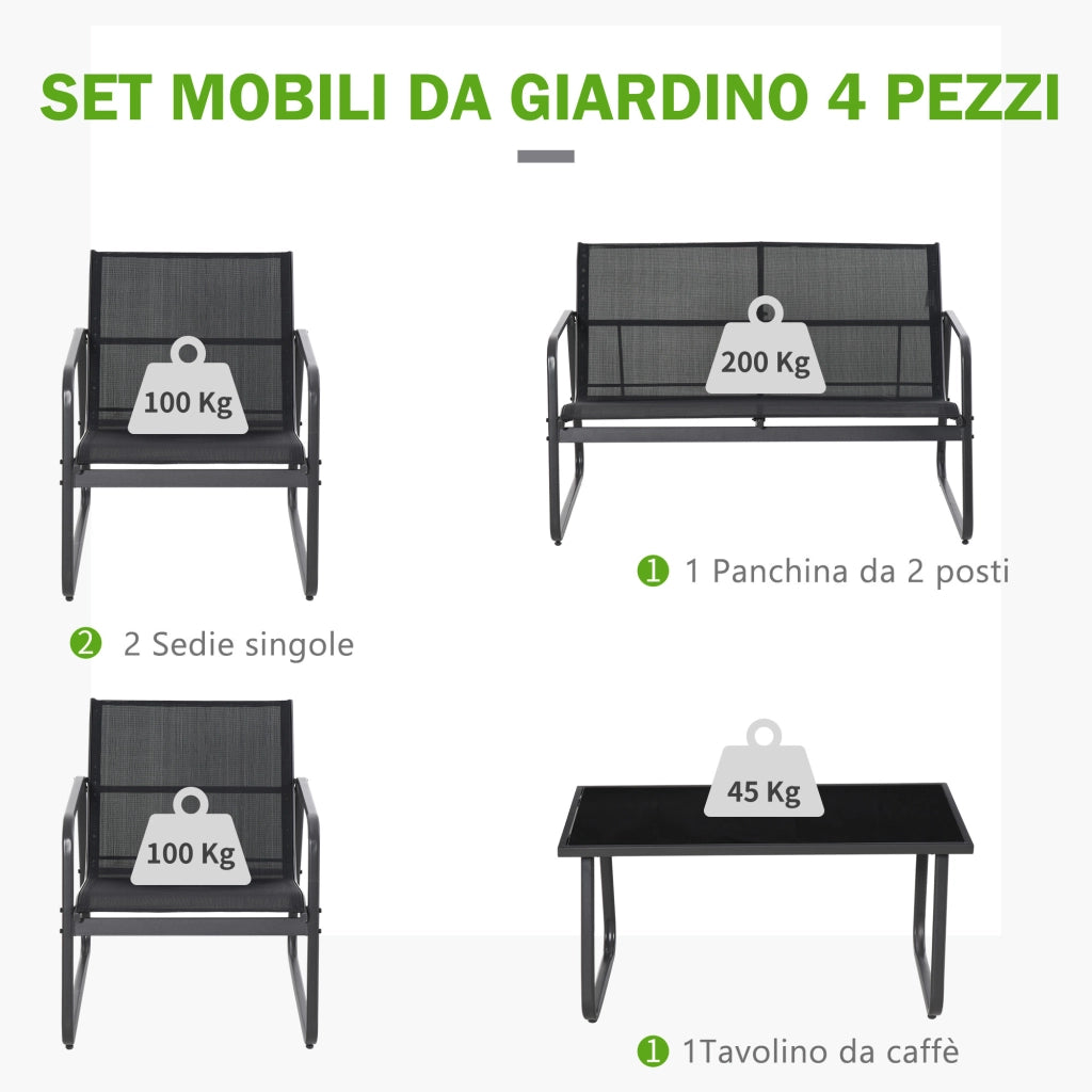 Set Salotto da Giardino da 4 Pezzi, con Divanetto da Esterno a 2 Posti, 2 Sedie e Tavolo da Caff¨¨ in Vetro Temperato, Set di Mobili da Giardino in Metallo e Texteline, Nero