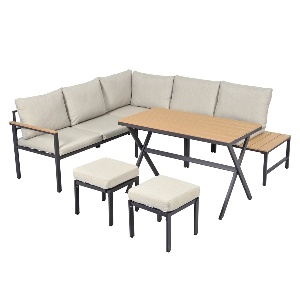 Set da Giardino 4 Pezzi con Divano Angolare, 2 Sgabelli e Tavolo ¨C MINIMAL ¨C Polyrattan e Acciaio, Grigio Beige