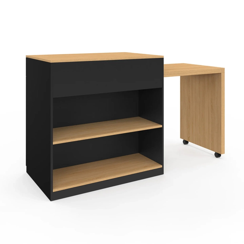 IDMarket - Isola centrale VITO 94-155 cm in legno nero con tavolo da pranzo integrato allungabile in finitura faggio