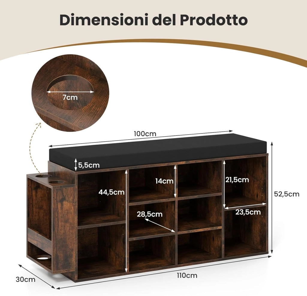 Panca Porta Scarpe con Portaombrelli, Scarpiera da Ingresso a 10 Scomparti con Seduta Imbottita, Ripiani Regolabili e Removibili per Corridoio, Soggiorno e Camera da Letto (Marrone)