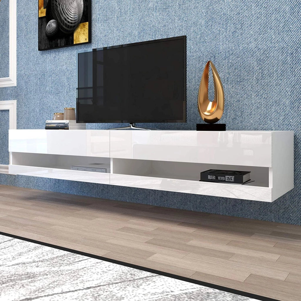 Mobile TV sospeso con illuminazione a LED e finitura bianca lucida
