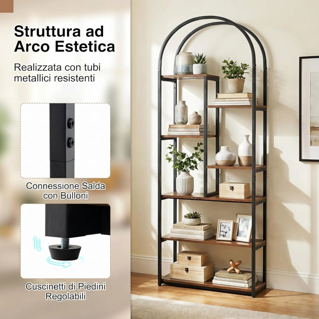 Libreria ad Arco, Libreria a 7 Ripiani Aperto con 2 kit Antiribaltamento e Piedini Regolabili, Scaffale Portaoggetti con Struttura in Legno, Espositore per Soggiorno Ufficio, 70x30x181,5 cm