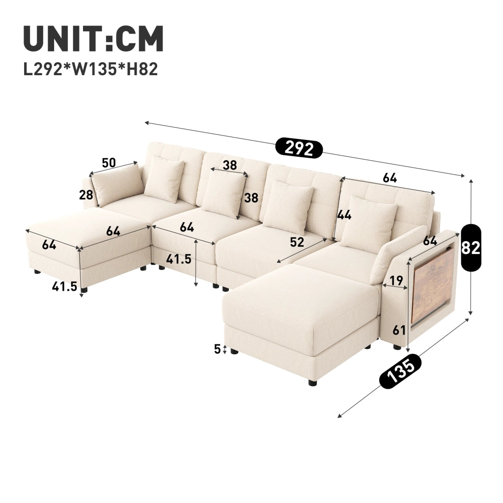 Divano angolare modulare a U e L con luci LED tavolino ribaltabile e tessuto chenille beige 292 × 135 × 82 cm