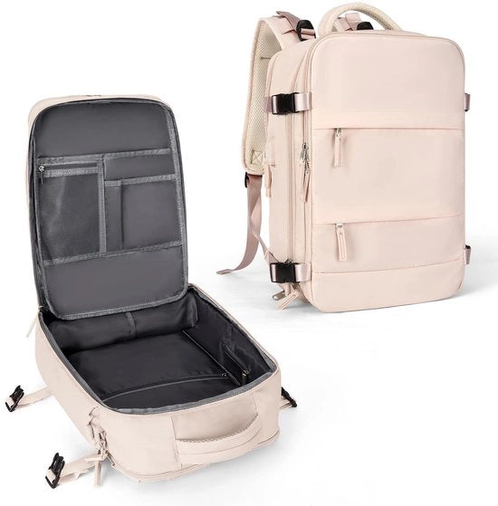 Borsa da viaggio per backpacking, grande borsa per uomo e donna, zaino acqua resistente per laptop 14 pollici con porta USB, tasca per scarpe - beige