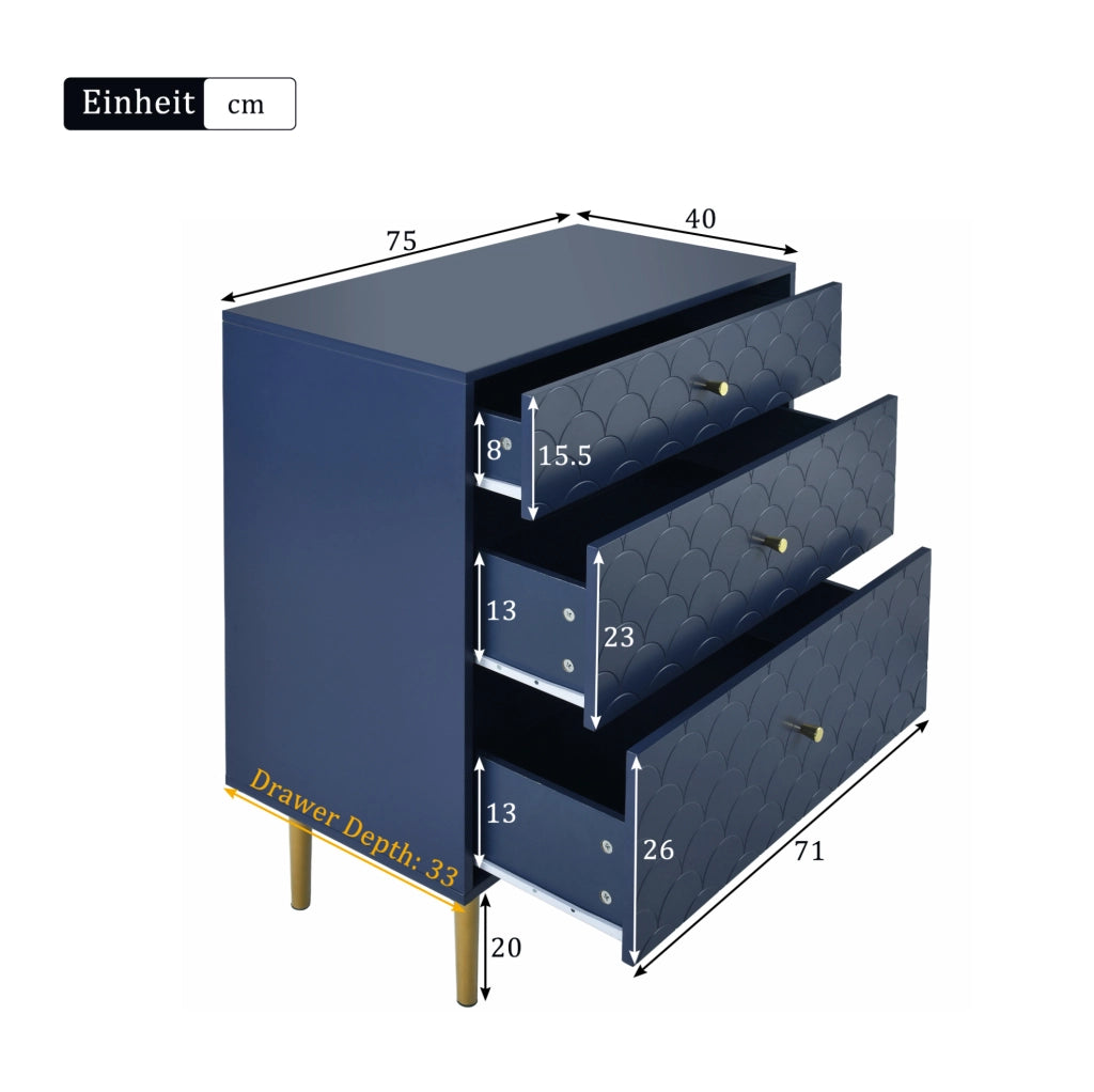 Cassettiera blu navy con 3 cassetti, gambe in metallo, 75 x 40 x 89 cm