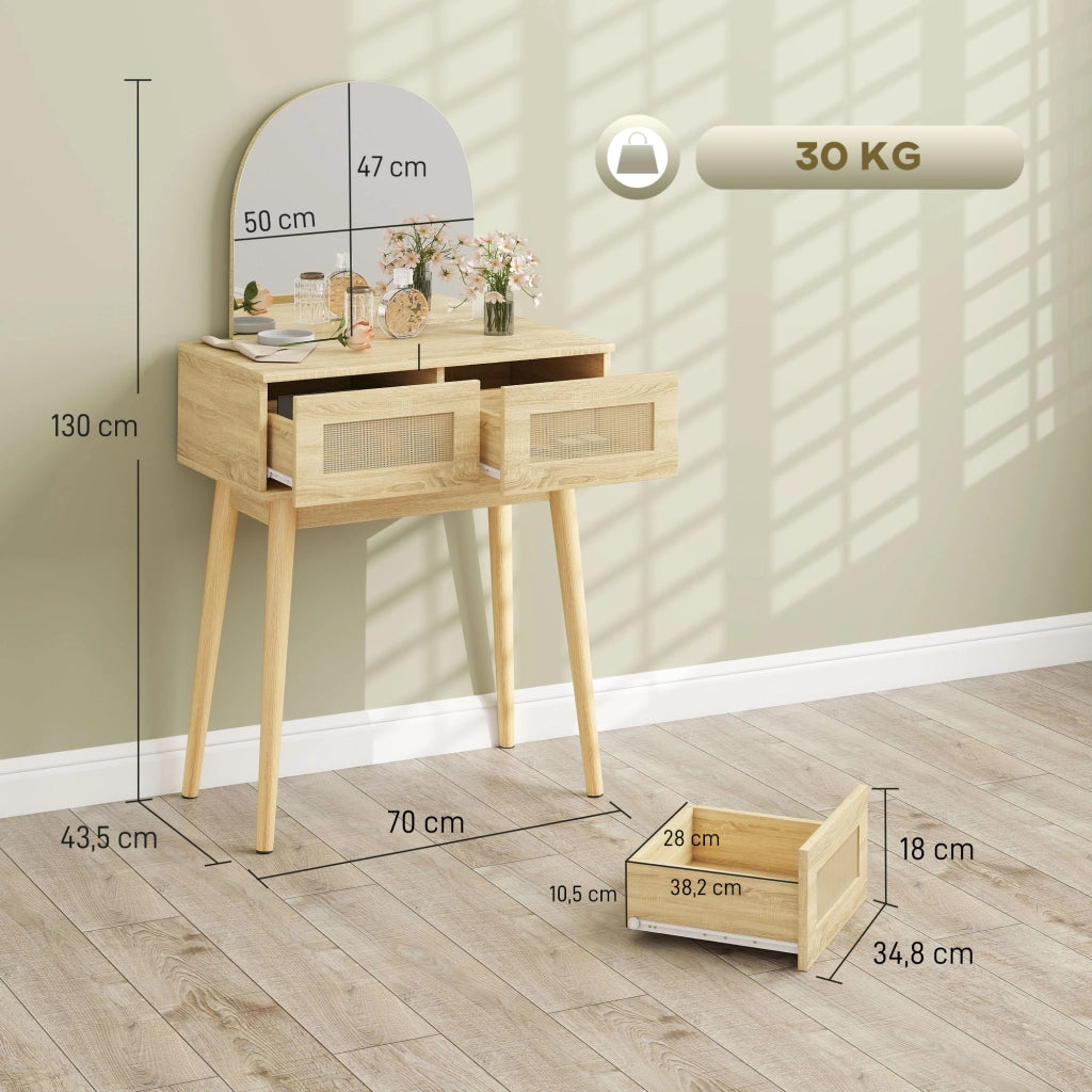 Tocador con Specchio Arcuato e 2 Cassetti ¨C zephmum ¨C Legno Naturale con Frontale in Rattan