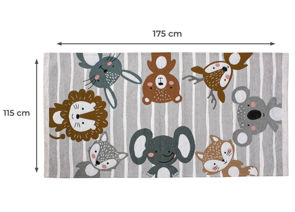 Tappeto Arredo e Gioco Antiscivolo Per Cameretta Bambini Disegno Animalii - 115x175 - Grigio Perla