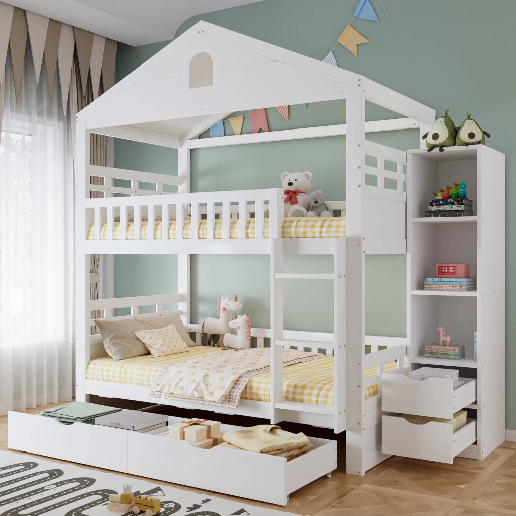 Letto a castello a casetta 90x200 cm bianco con scala; cassetti e scaffale