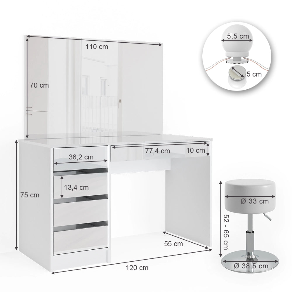 Vicco Tavolo da toeletta Bianco 120 cm con illuminazione LED e sgabello