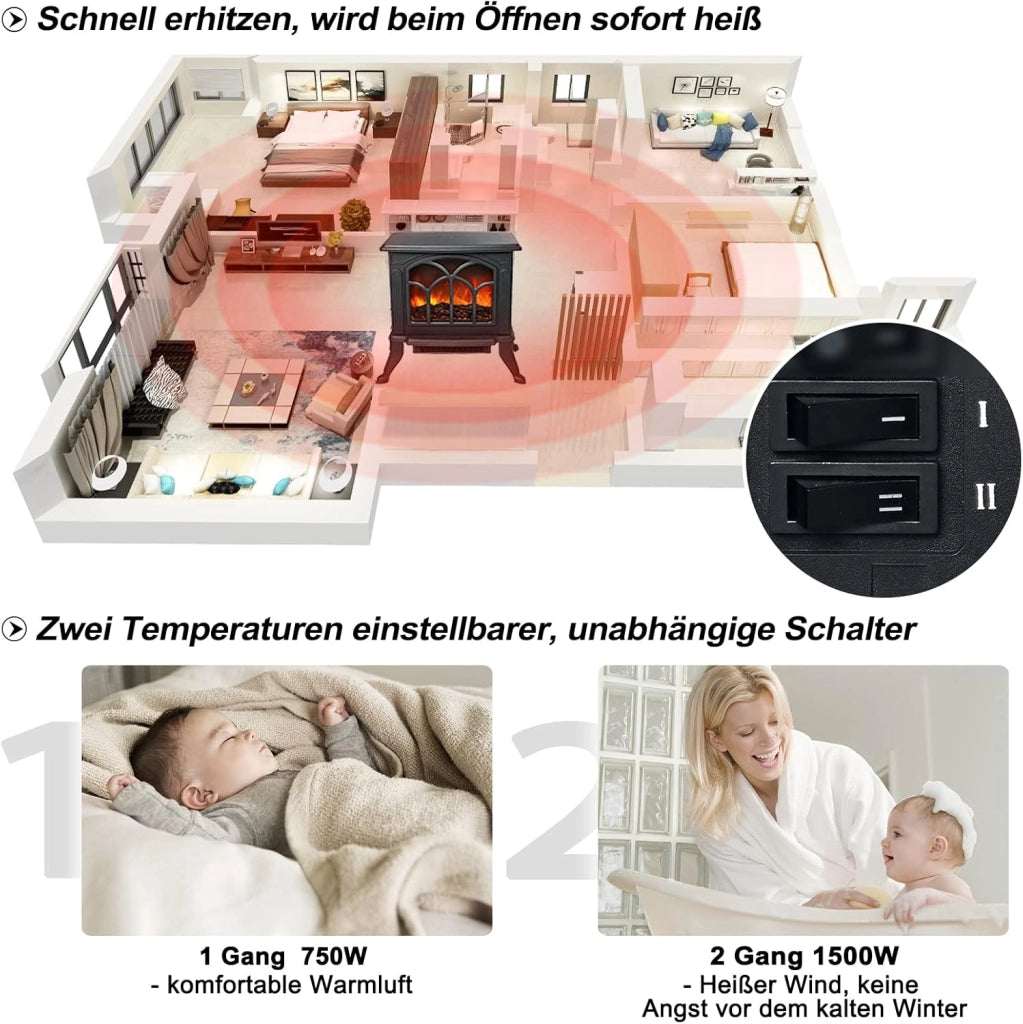 Camino elettrico con riscaldamento, 750 W/1500 W, camino elettrico con effetto fiamma LED 3D, camino elettrico, temperatura regolabile, colore nero