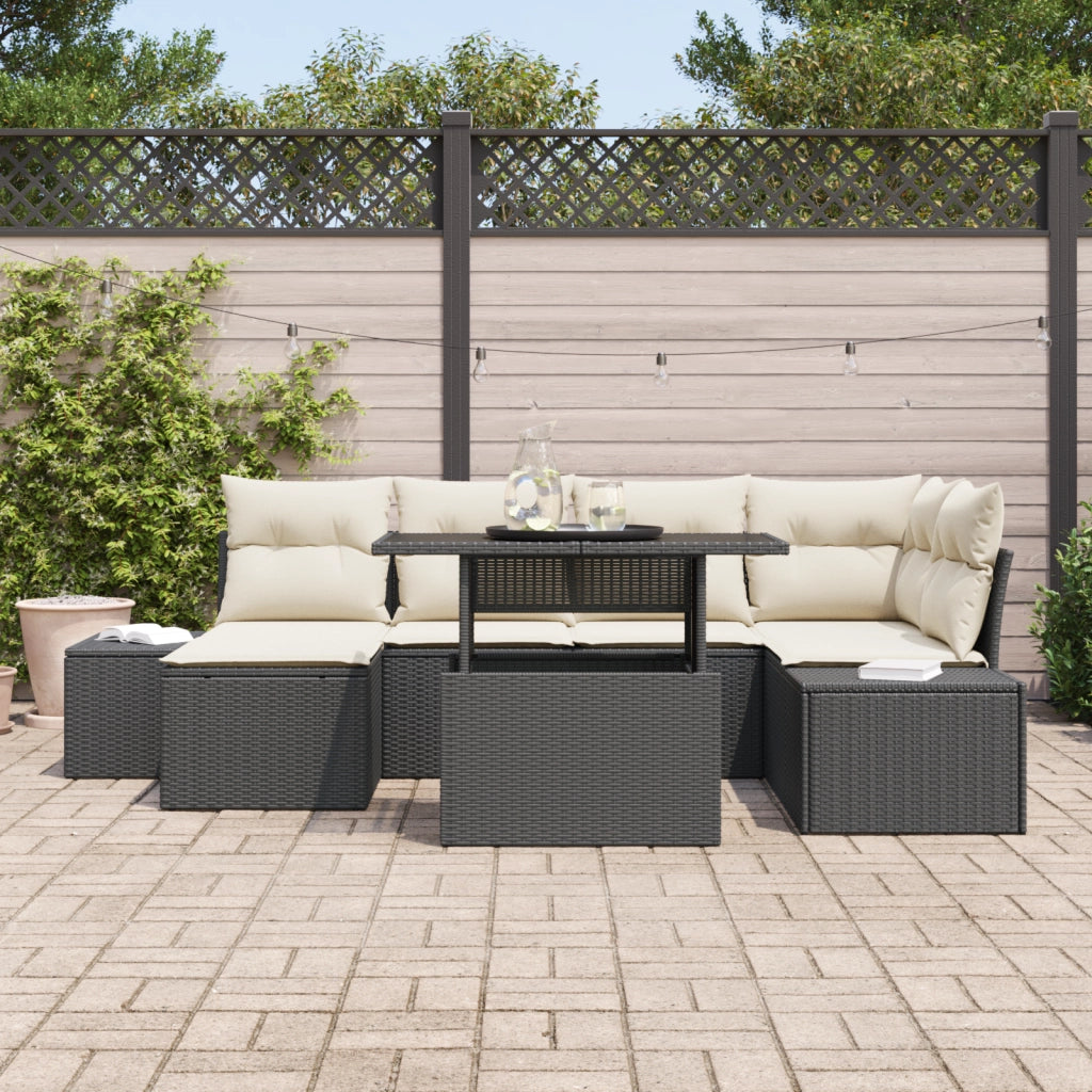 Set da giardino composto da 7 pezzi con cuscini in polirattan nero