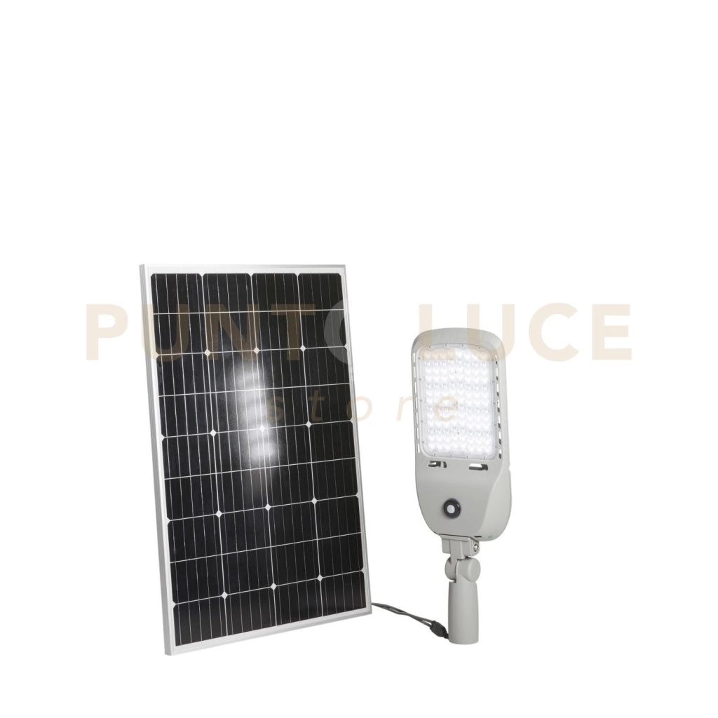 FARO SOLARE STRADALE LED IPERION SILVER 50W 9000LM 4000K PANNELLO SOLARE IP66 82,06X9,9X28CM SENSORI MOVIMENTO E CREPUSCOLARE