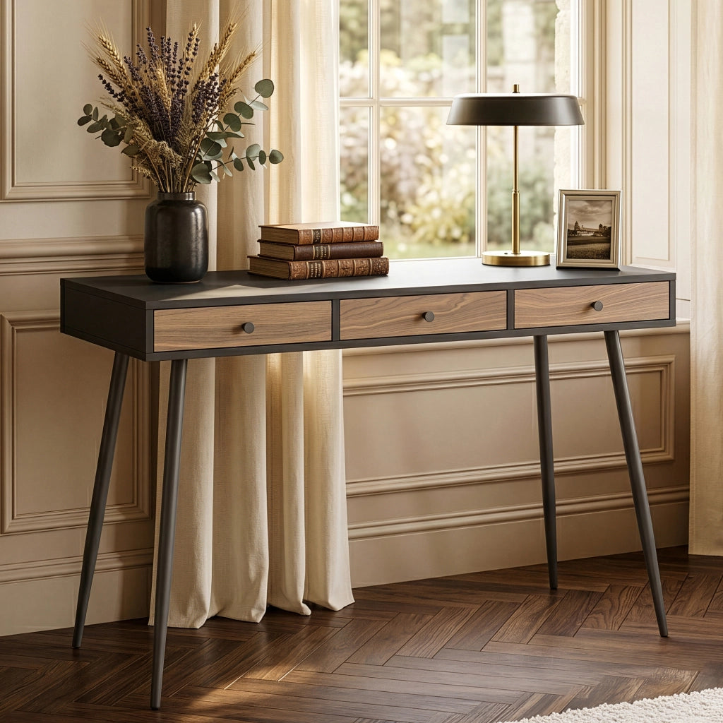 Scrivania Tumba con 3 Cassetti 115 x 48 x 76 cm - Nero/Effetto Noce [en.casa]