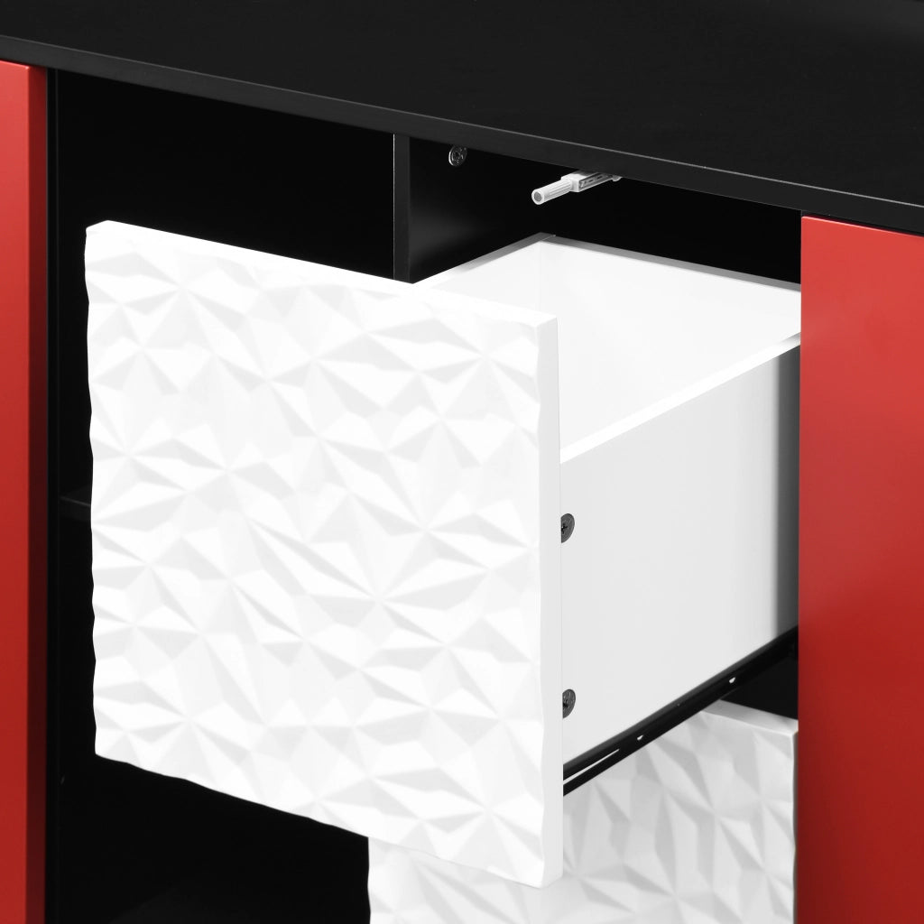 Credenza da cucina con 2 cassetti; vani aperti e armadietto chiuso in MDF nero e rosso 40 × 120 × 80 cm