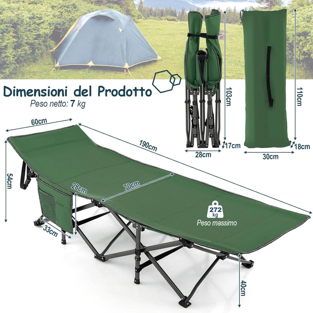 Brandina da Campeggio Pieghevole, Letto Portatile con Poggiatesta Inclinato, Tasca Laterale e Borsa di Trasporto, Branda Campeggio per Backpacking, Ospiti e Pesca, Portata 272 kg (Verde)