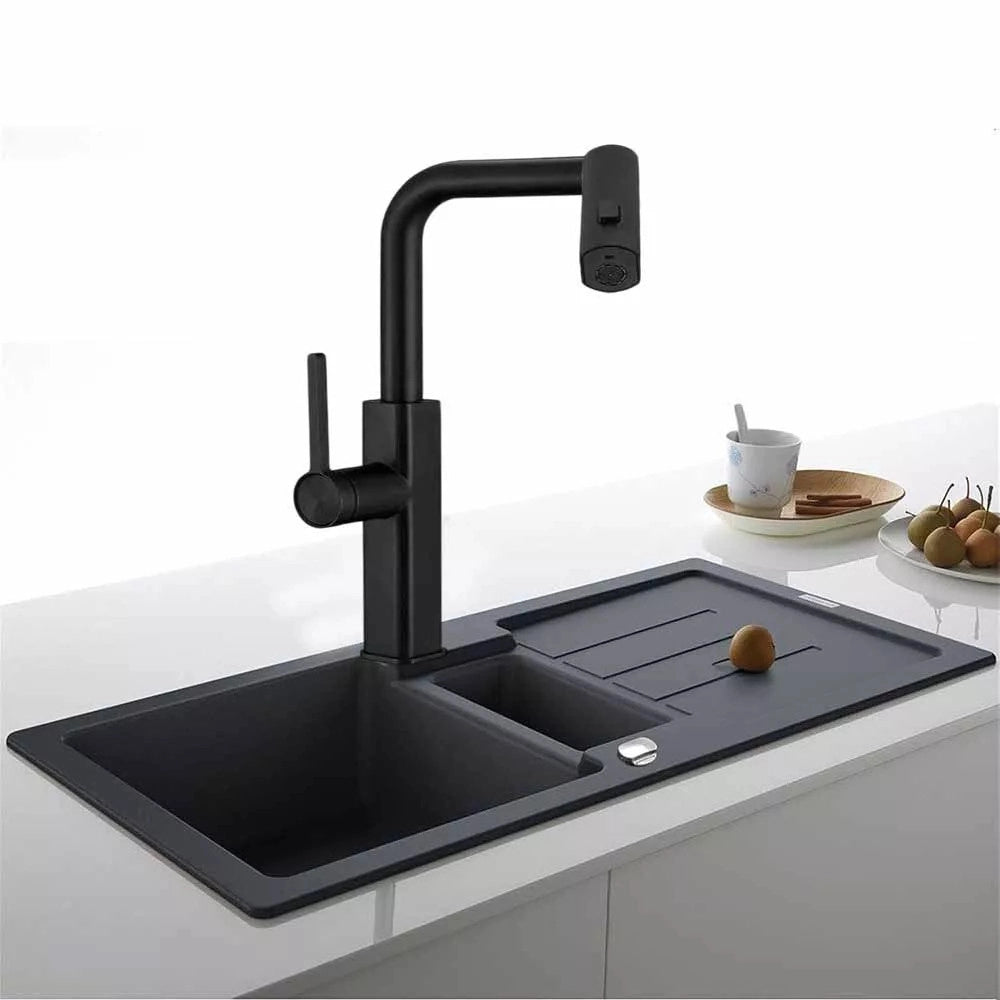 Trade Shop - Rubinetto Cucina Estraibile Con Erogatore Girevole 2 Getti Miscelatore Nero 87256 -