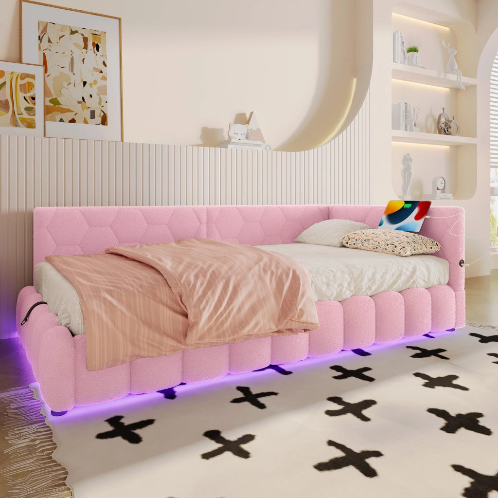 Letto da giorno 90 x 200 cm con vano idraulico; LED; USB e Type-C; velluto rosa