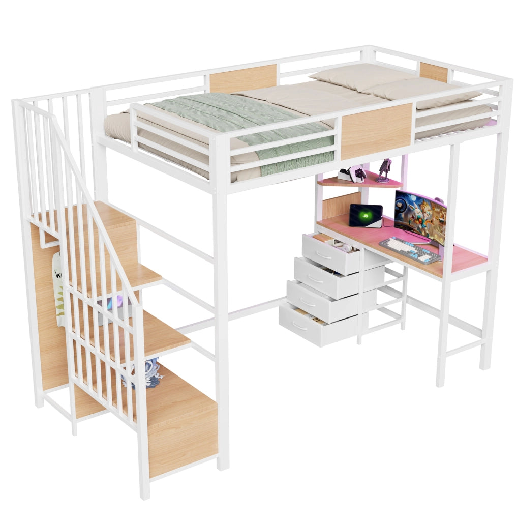 Hochbett con scrivania 90x200 cm in metallo bianco; con ripiani; asta appendiabiti; LED e presa