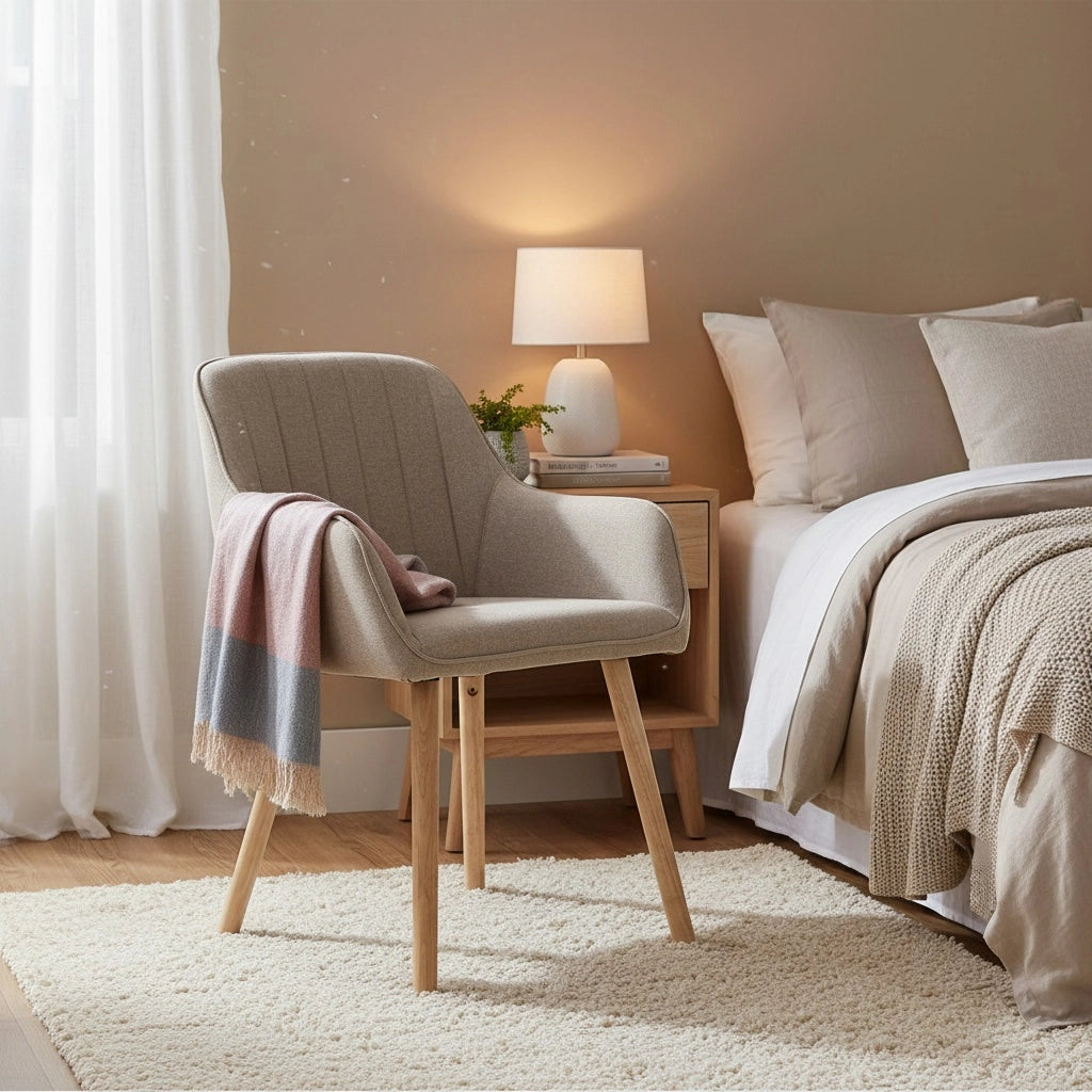 Sedie da pranzo moderne con braccioli - Xylo - Tessuto e gambe in legno (beige chiaro/marrone)