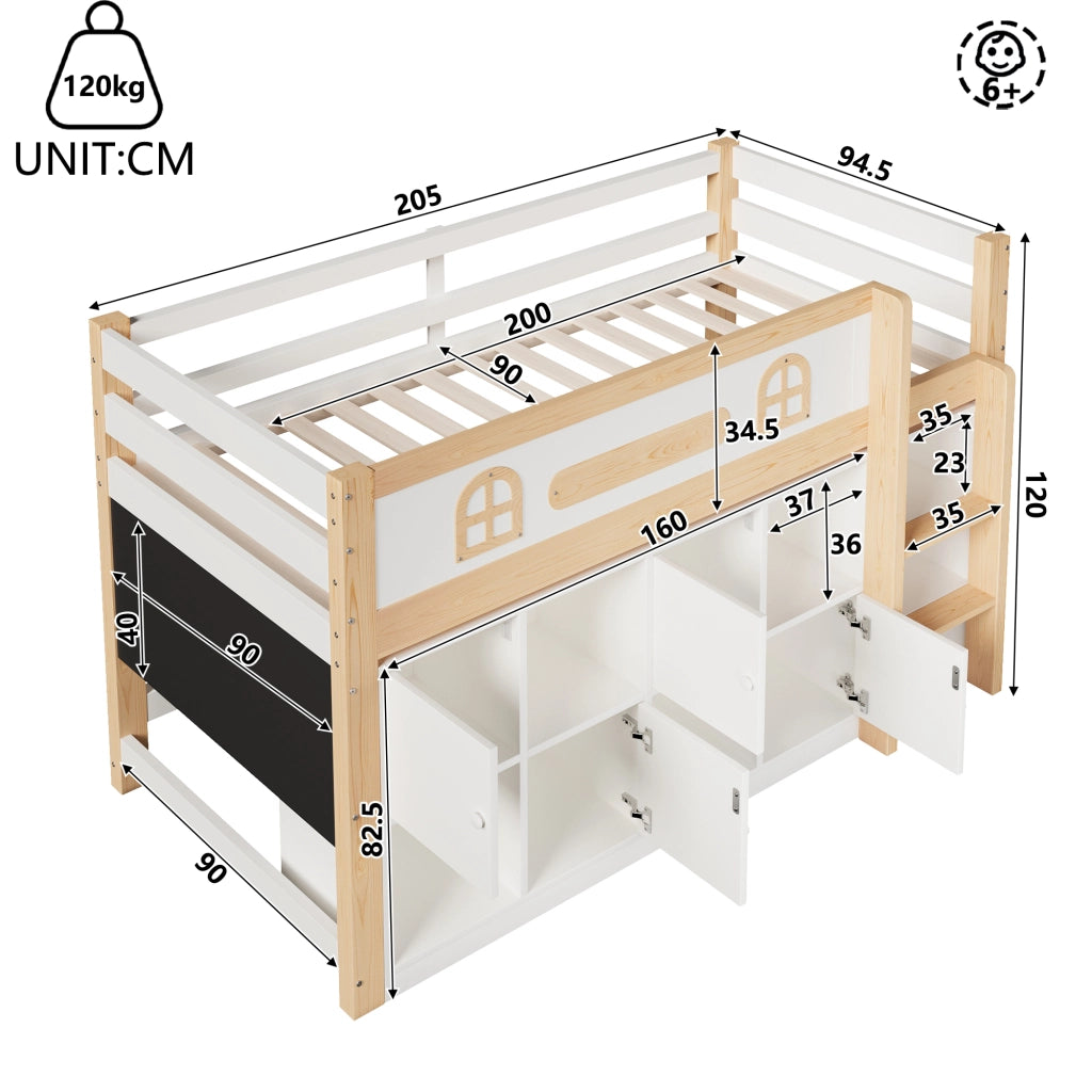 Letto a soppalco 90 × 200 cm con lavagna, ripiani e scala, senza materasso, bianco e naturale