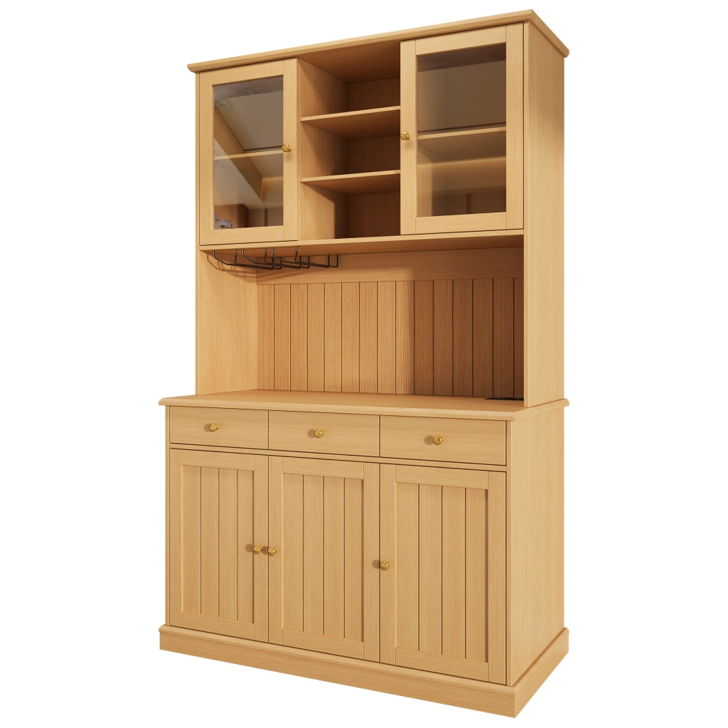 Buffet alto 120 x 40 x 191 cm con ante in vetro, portabicchieri, ripiani regolabili e prese USB, colore naturale