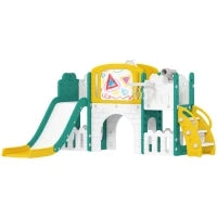 Set scivolo 7-in-1 per Bambini, con Cestino da Basket, Parete da Arrampicata e Altalena, per Interni ed Esterni, Giallo e Verde