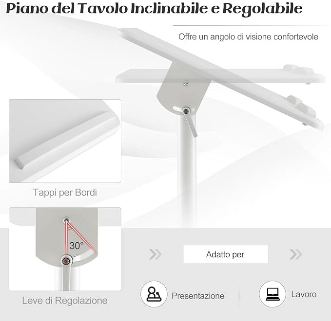 Podio per Conferenze, Pulpito Portatile per Laptop con Piano Inclinabile e Regolabile in Altezza, Vassoio Portaoggetti, Portabicchieri e Ruote Bloccabili (Bianco)