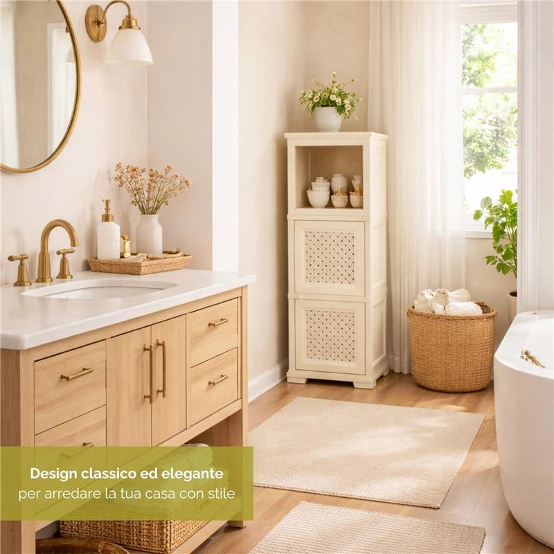 MOBILE MULTIUSO 3 MODULI ANGORA 40X43X125 CM CON ANTA TRAFORATA E VANI A GIORNO – MOBILE CONTENITORE VERTICALE PER ORGANIZZAZIONE CASA