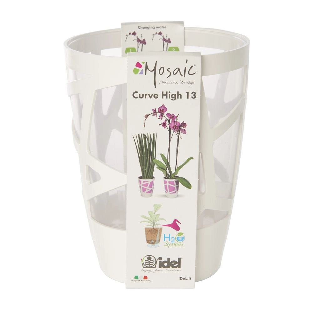 Vaso per Piante Interno Moderno Auto Irrigazione Mosaic Curve Hight 13 Idel Colore: Bianco/Trasparente