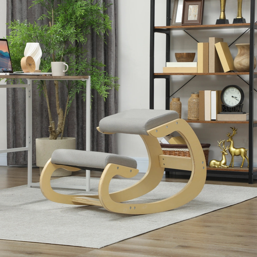 Sedia Ergonomica con Inginocchiatoio 55x85x55 cm Reclinabile in Tessuto Effetto Lino e Legno Grigio Chiaro
