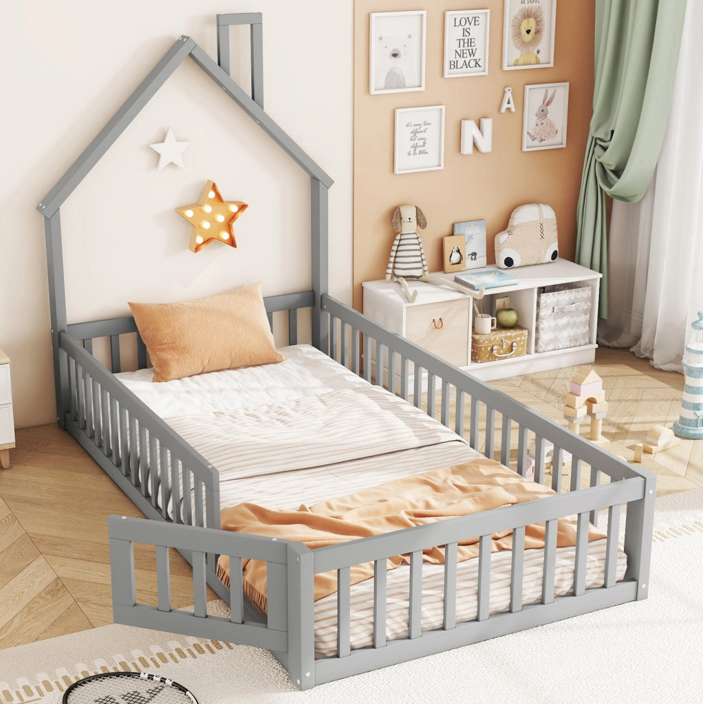 Letto casa bambini 90x200 cm; design camino; legno e MDF; grigio (Senza materasso)