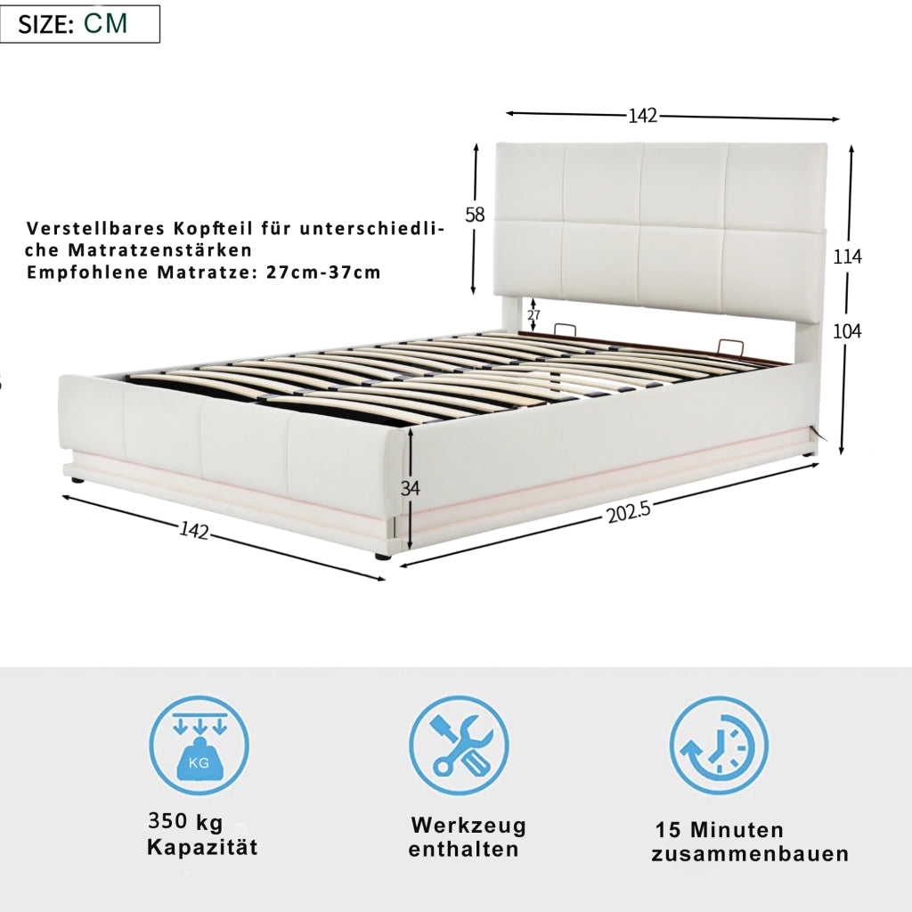 Letto Contenitore 140x200 cm; Letto Matrimoniale; con LED; in Ecopelle; Bianco