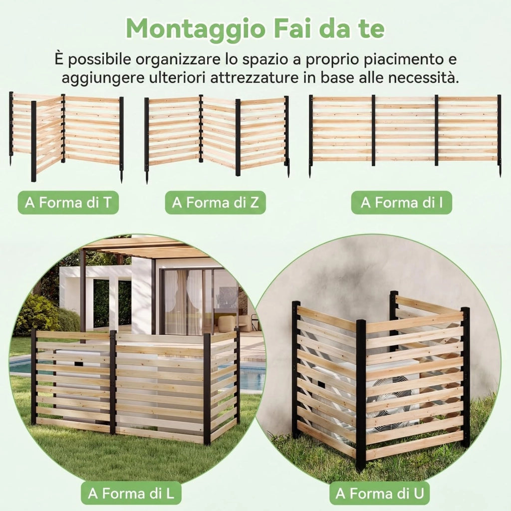 Recinzione da Giardino in Legno a 3 Pannelli con 3 Picchetti | Pannelli Frangivista a Doghe da Esterno per Condizionatore e Bidone Spazzatura, 98 x 107 cm