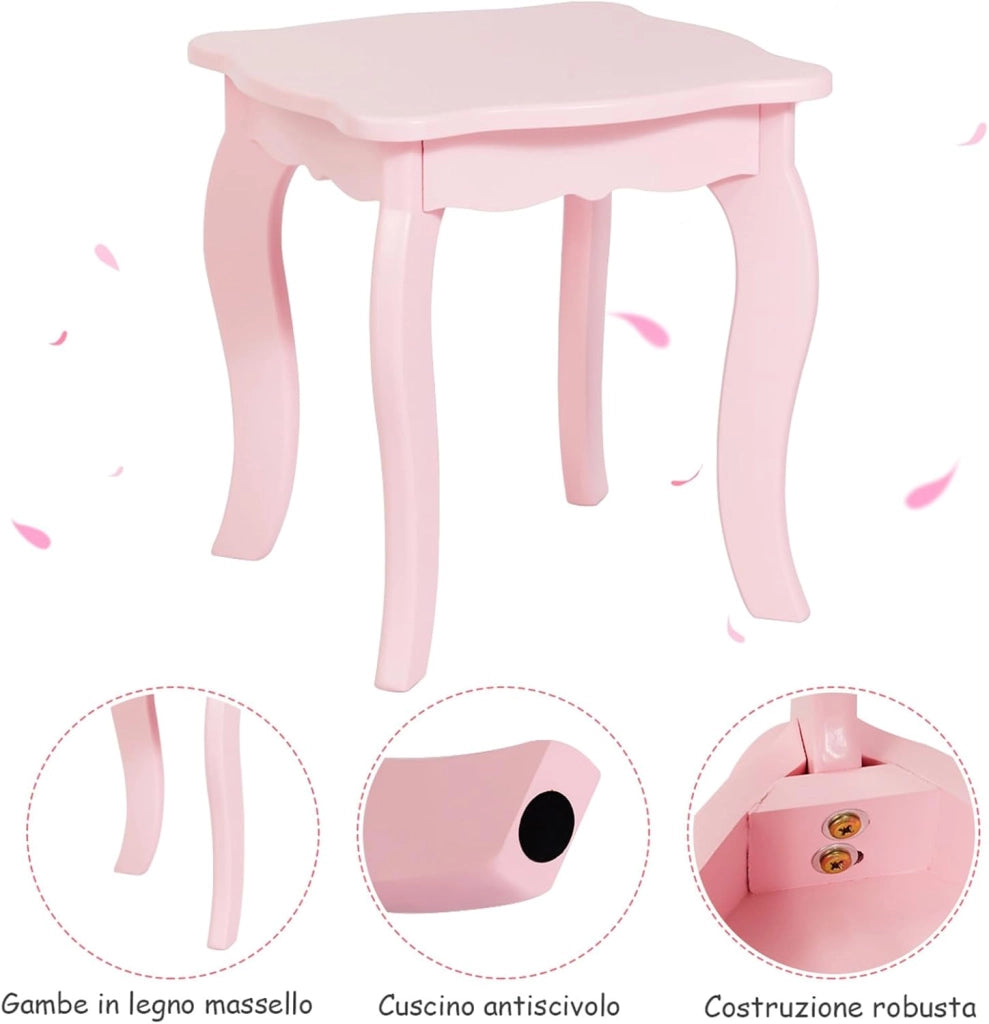 Toeletta Trucco per Bambina, Specchiera Trittica per Ragazza in Legno Robusto con Sgabello e Cassetto, Postazione Trucco 2 in 1 per Cameretta e Cmera da Letto, 95x70x34cm(Rosa)