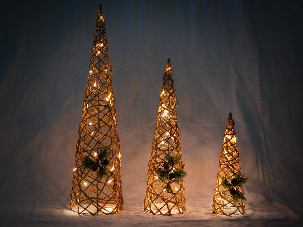 Set 3 Coni Natalizi Decorativi con Luci LED Bianco Caldo