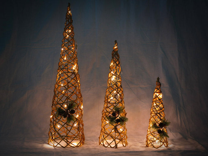 Set 3 Coni Natalizi Decorativi con Luci LED Bianco Caldo