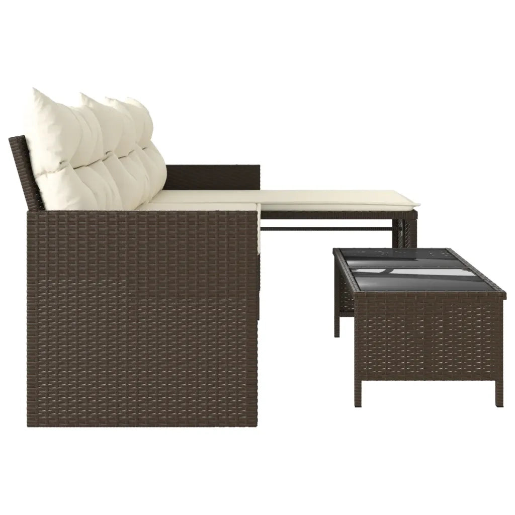 Divano da Giardino con Tavolo e Cuscini a L-Sofa da Giardino-Divano da esterno Marrone Polyrattan 907226