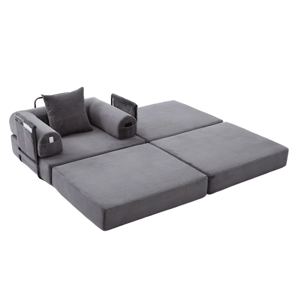 Divano modulare in velluto a coste con pouf e cuscino; grigio scuro; 112 × 190 × 67 cm