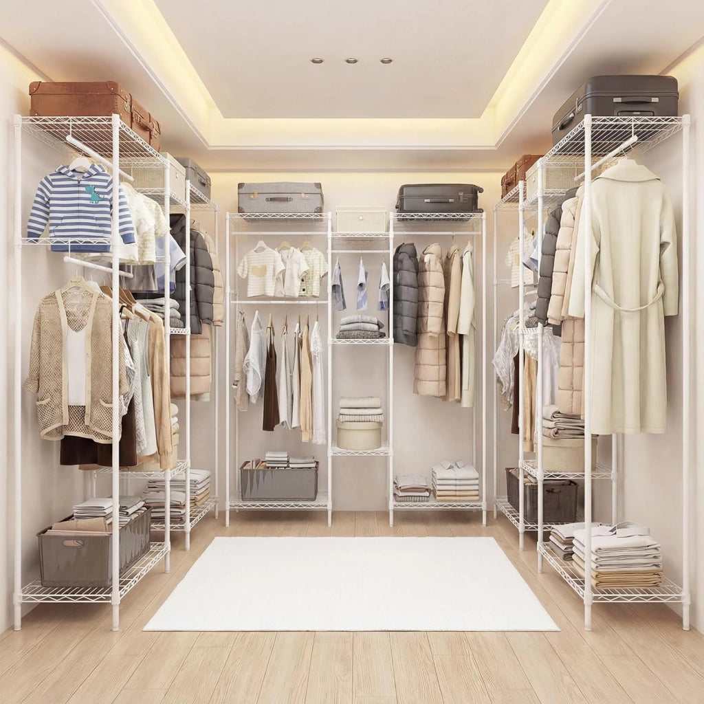 Stand Appendiabiti, Mobile Convertibile per Abiti con Installazione a L e Orizzontale, Appendiabiti con 7 Ripiani Regolabili in Filo Metallico e 4 Bastoni Appendiabiti, Portata 530 kg (Bianco)