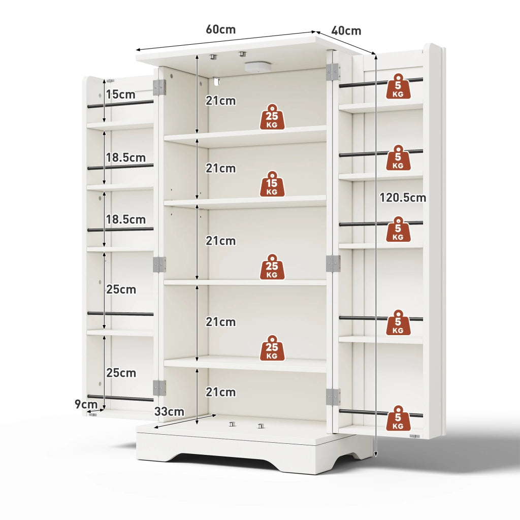 Credenza alta moderna 120x60x40 cm in MDF bianco con luci LED sensore, ripiani regolabili e chiusura clip