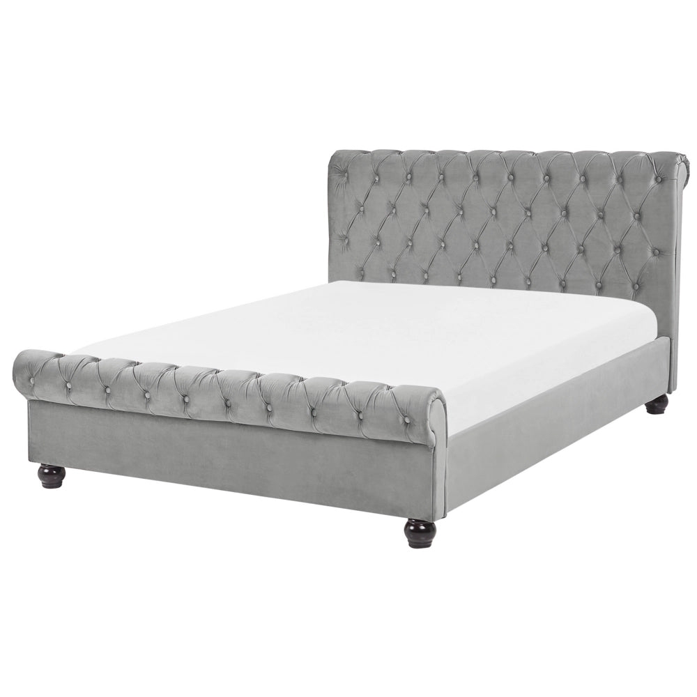 Letto Rivestimento in velluto grigio Gambe in legno Nero matrimoniale 140 x 200 cm con bottoni Glam