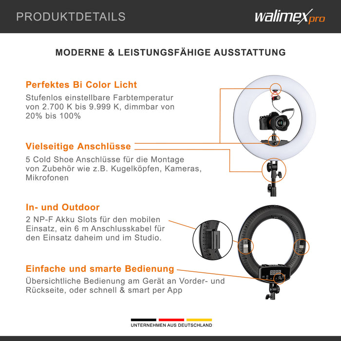 Ring light a LED Rainbow RGB da 60 W con cavalletto fotografico e 2 batterie, Luce ad anello per foto e video con supporto smartphone e controllo tramite app