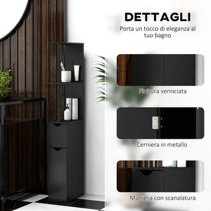 Mobile a Colonna da Bagno Salvaspazio 2 Ripiani e 2 Armadietti 15,2x29,8x118 cm Nero e Oro