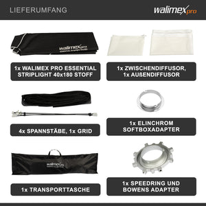 Essential Striplight Softbox 40x180cm + adattatore softbox per Elinchrom (diametro esterno: 15,2 cm), ruotabile a 360°, facile da montare, griglia inclusa, adattatore Bowens