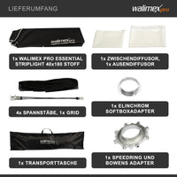 Essential Striplight Softbox 40x180cm + adattatore softbox per Elinchrom (diametro esterno: 15,2 cm), ruotabile a 360°, facile da montare, griglia inclusa, adattatore Bowens
